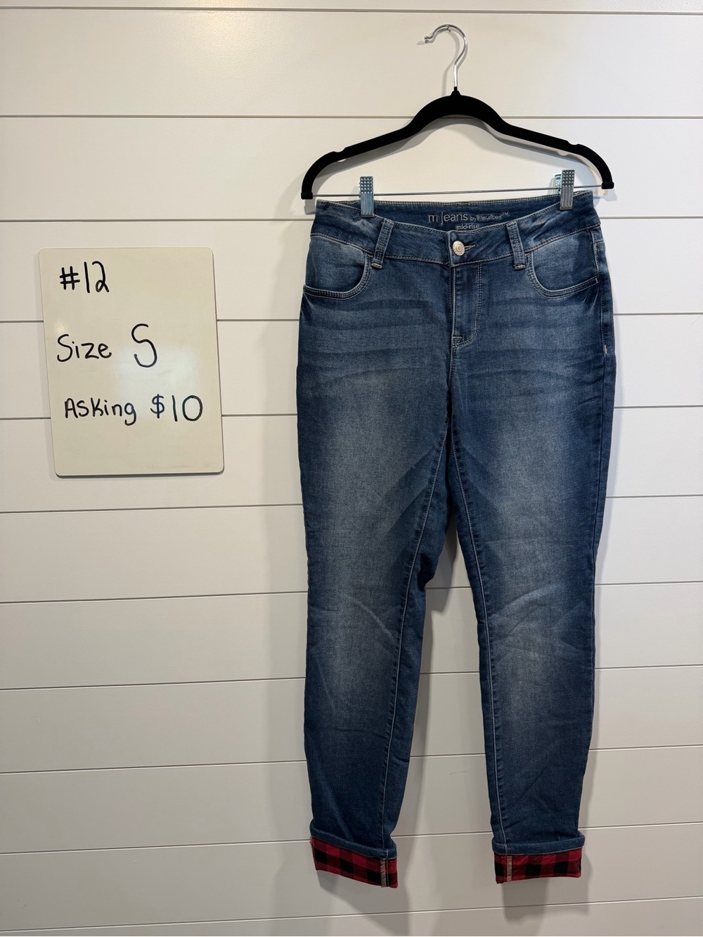 Maurices Medium Blue Ankle Jeans with Plaid Cuffs